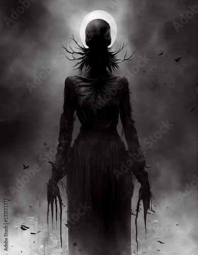Spooky Demon of Death in Long Black Dress 3D Conceptual Art Macabre Illustration. Black and White Vertical Portrait of Paranormal Fearful Creepy Monster Horror Movie Character. Terrible Ghost Artwork