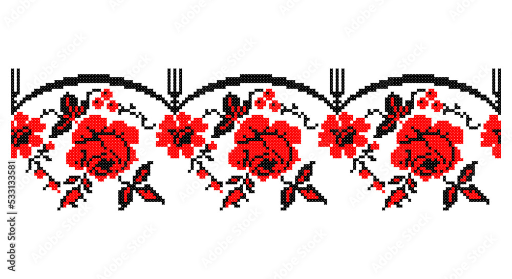 Embroidered good like old handmade cross-stitch ethnic Ukraine pattern. Ukrainian towel ornament, rushnyk called, vector. Embroidered good like old handmade cross-stitch ethnic Ukraine pattern. Ukrainian towel ornament, rushnyk called, vector.