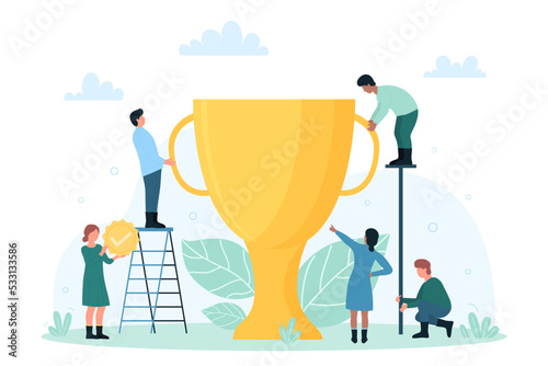 Reward of winner, gold cup trophy of tiny people. Cartoon team of employees celebrating corporate achievement, quality results or success in competition flat vector illustration. Victory concept