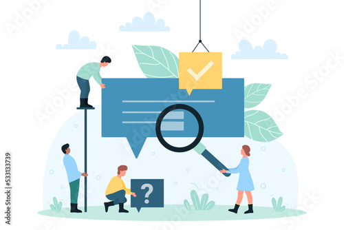 Online web search of data information, internet content and job vector illustration. Cartoon tiny people looking through loupe on document, characters work and study website marketing analysis
