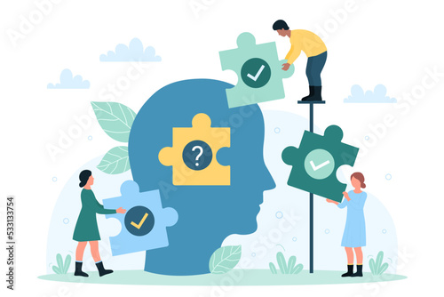 Human brain health, knowledge and work on ideas and solving business problems vector illustration. Cartoon tiny people connect puzzle pieces with checkmarks and question mark inside abstract head