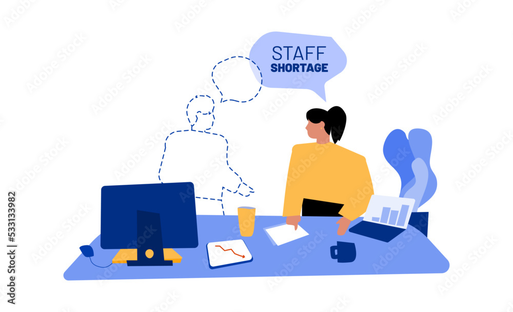 Staff shortage concept. Vector illustration. Recruiting problem. Group of colleagues in work conversation with one absent person in office environment. Labor and personell crisis.
