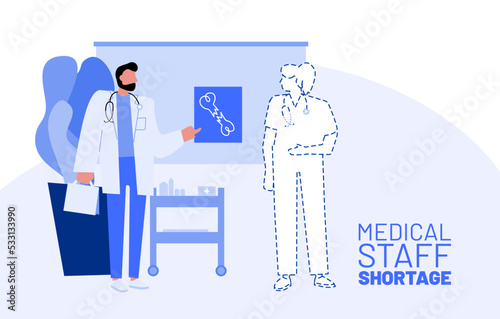 Staff shortage concept. Vector illustration. Recruiting problem. Group of medical workers in work conversation with one absent person in hospital environment. Labor and personell crisis. 