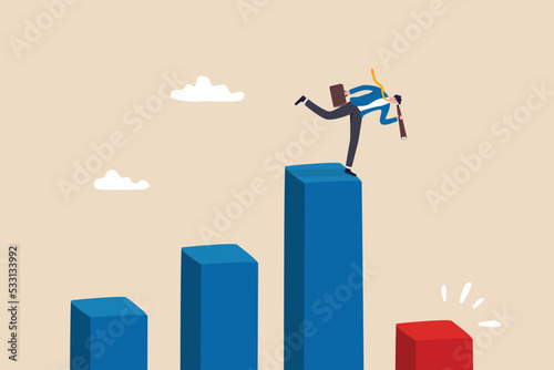 Next economic recession forecast or prediction, stock market decline or revenue decrease, low performance or GDP falling down concept, businessman investor look through telescope to see despair graph.
