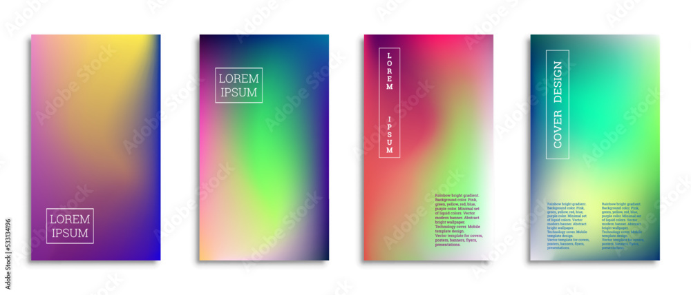 Bright gradient background for the cover. Set of 4 covers. Creative modern vector illustration. Holographic spectrum. Bright gradient background for the cover. Set of 4 covers. Creative modern vector illustration. Holographic spectrum.
