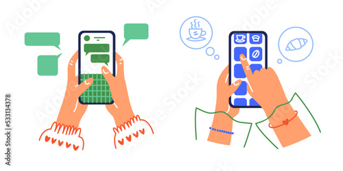 Hand holding smartphone set. Flat vector illustration