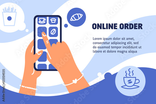 Design template for online food delivery service. Fast food shipping concept. Hand holding phone for website and mobile website development. Flat vector illustration with smartphone, speech bubbles