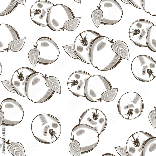Black and white seamless pattern with apples and leaves in vintage style