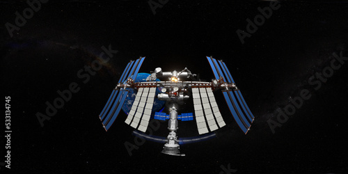 Fototapeta Naklejka Na Ścianę i Meble -  360 degree space background with International Space Station (ISS) near Planet Earth, equirectangular projection, environment map. HDRI spherical panorama.
