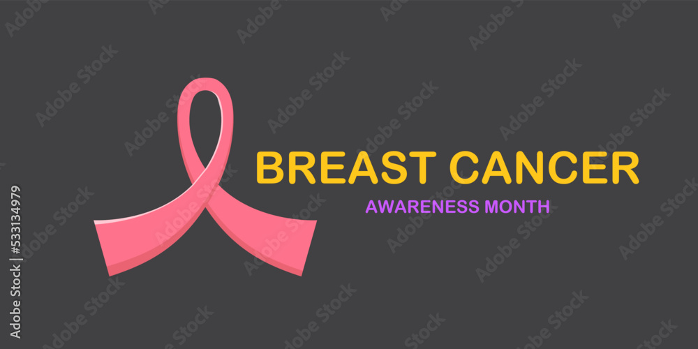 Breast cancer awareness month concept horizontal banner design template with pink ribbon and text isolated on grey background. October is Breast cancer awareness month vector flyer or poster Breast cancer awareness month concept horizontal banner design template with pink ribbon and text isolated on grey background. October is Breast cancer awareness month vector flyer or poster