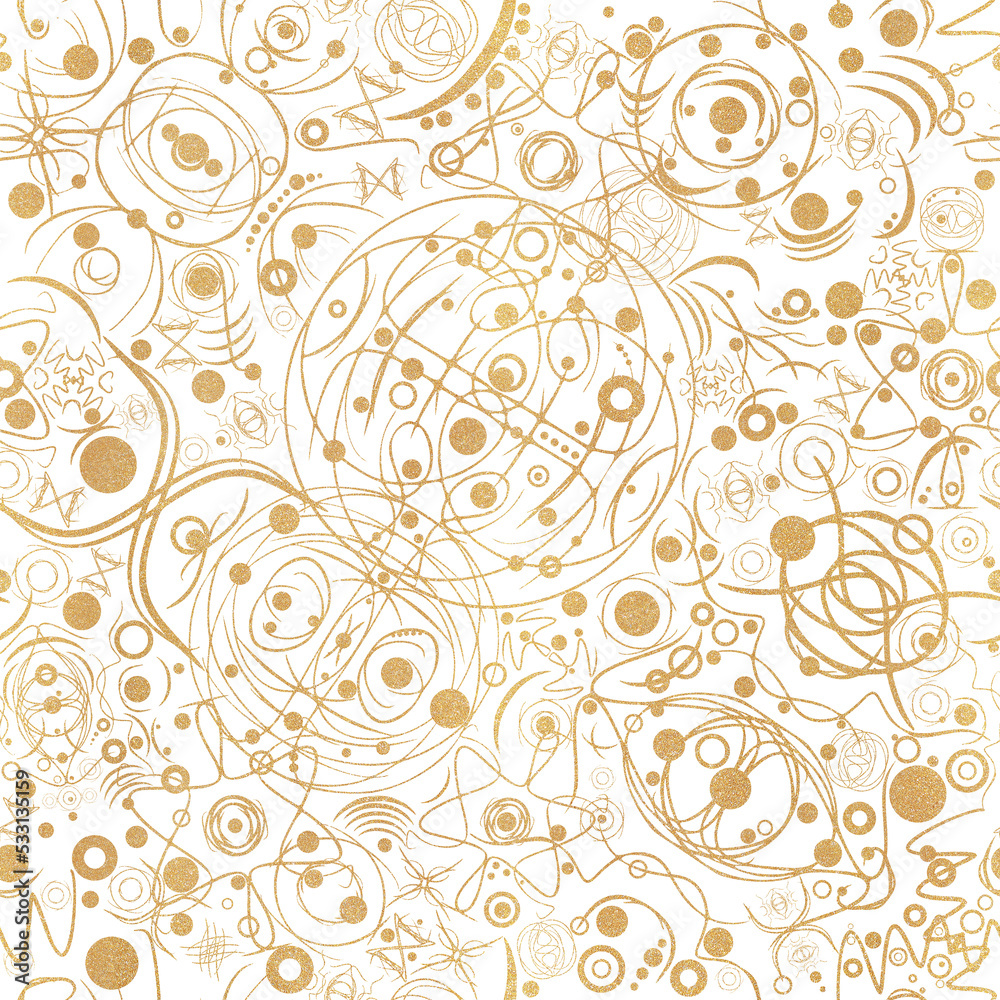 Abstract seamless pattern. Golden glitter on transparent background. Symbols, cosmos. (pattern: sp06a)
