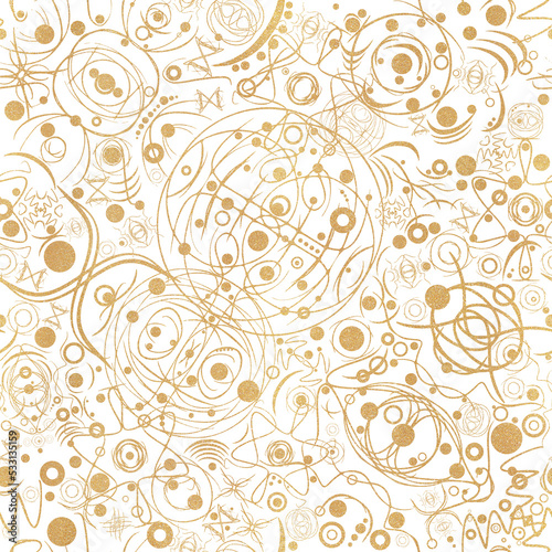 Abstract seamless pattern. Golden glitter on transparent background. Symbols, cosmos. (pattern: sp06a)