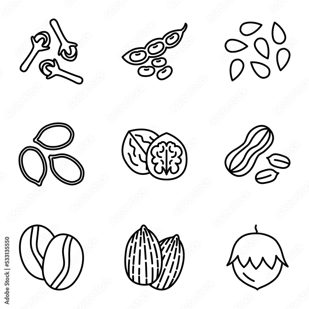 Nuts, seeds and beans elements icon set. Pictogram isolated on a white background.
