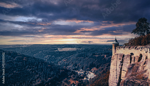 Festung Schloss Königstein. Wunderschöne Panorama Landschaften in Bad Schandau, dem Kurort in der Sächsischen Schweiz. Aufgenommen im Hochsommer in freier Natur am Nationalpark  photo