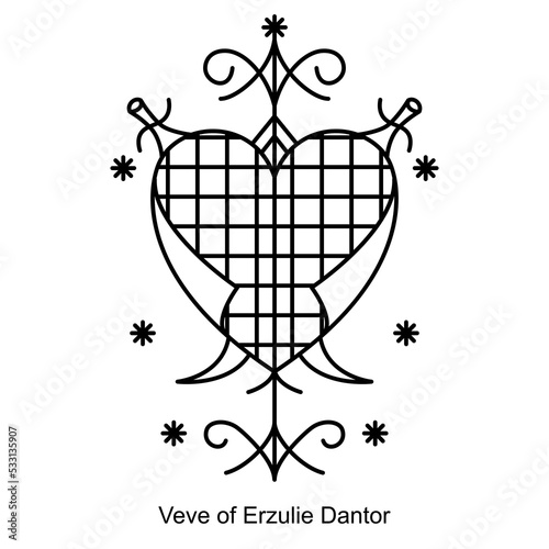 Veve of Erzulie Dantor. Voodoo religious symbol. Transparent black icon, isolated on white background. Vector EPS10. 