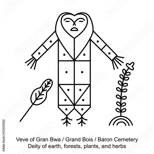 Veve of Gran Bwa. Voodoo religious symbol. Transparent black icon, isolated on white background. Vector EPS10. 