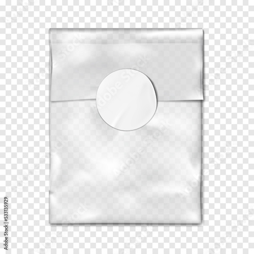 Clear plastic pouch with round label sticker closure on transparent background realistic vector mock-up. Empty vinyl bag mockup