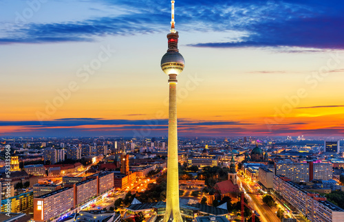 Aerial downtown panorama of Berlin at night with the skyscrappers and the bridges  Germany