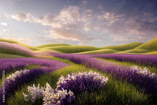 Natural beauty podium backdrop with spring lavender field scene. 