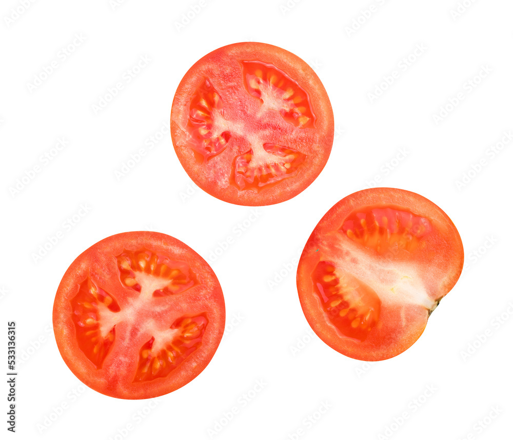 Top view of Slice of tomato isolated on white Top view of Slice of tomato isolated on white