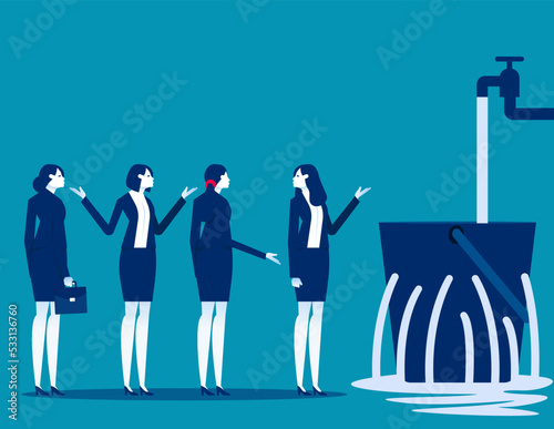 Team with leaking bucket. Business meeting vector illustration