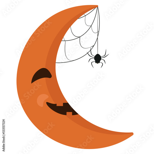 Orange crescent moon and spider web. Young lunar month. Halloween vector illustration.