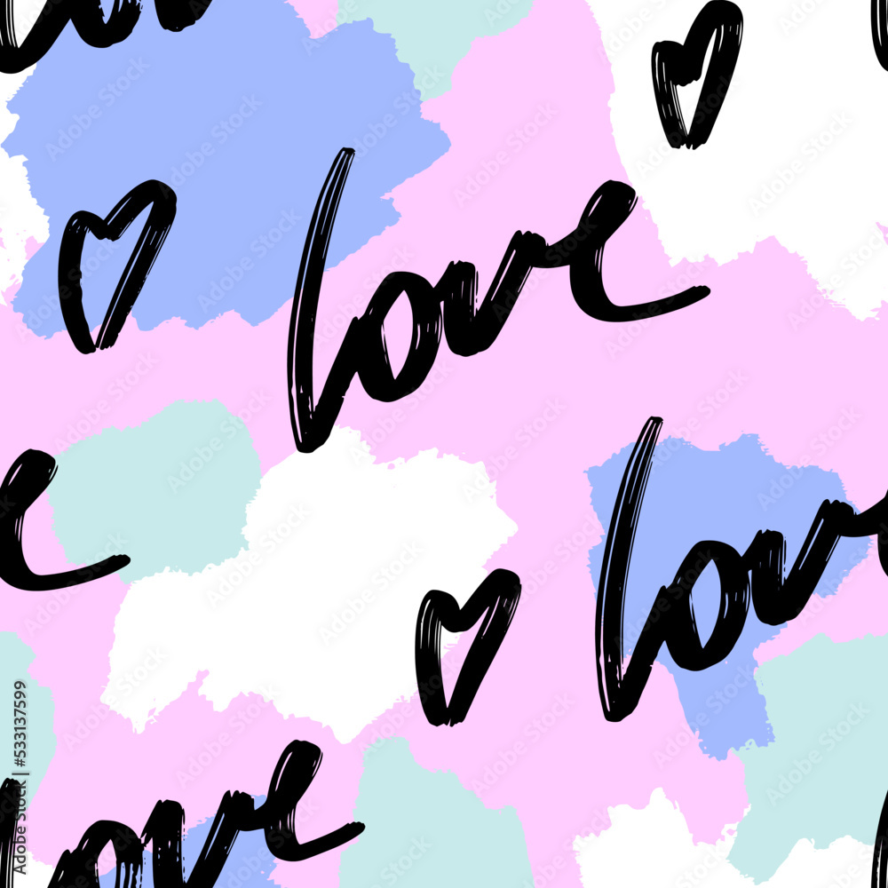 Abstract seamless chaotic pattern with words 'love'. Background spots . Wallpaper for girls. 