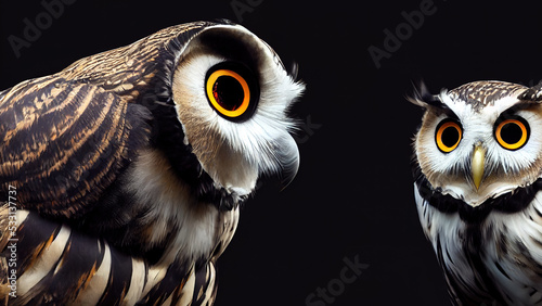 Stylized owl. Color, graphic portrait in profile of an owl on a dark background. Digital illustration photo