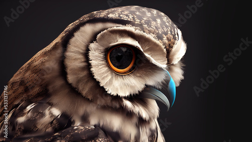 Stylized owl. Color, graphic portrait in profile of an owl on a dark background. Digital illustration photo