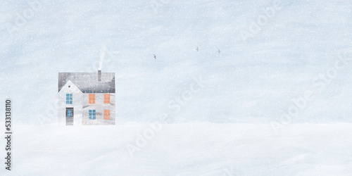 Cute winter landscape. Winter banner. Snowy valley. Horizontal landscape. House in the field. Gouache illustration.