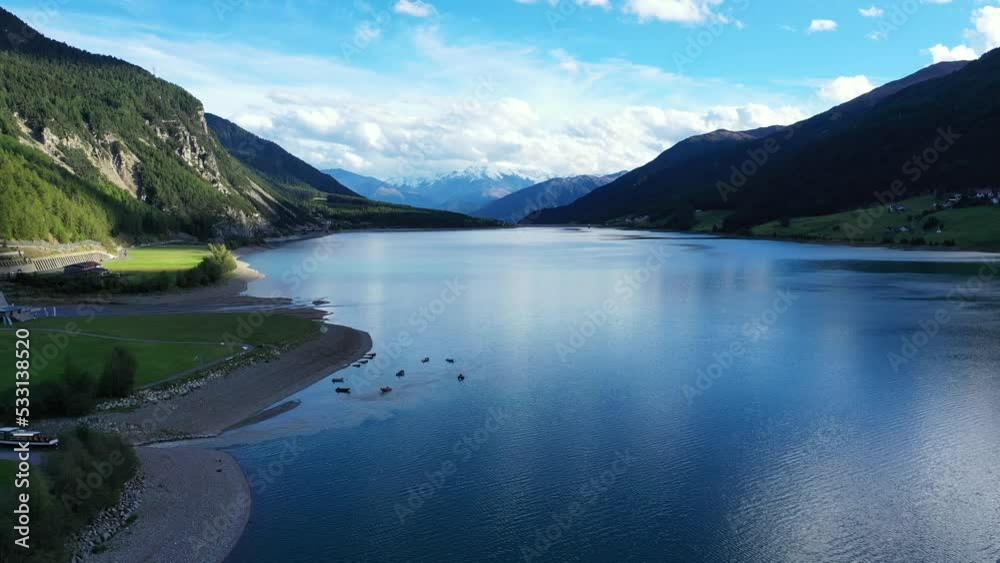 drone flight over Lake Reschensee in South Tyrol drone flight over Lake Reschensee in South Tyrol