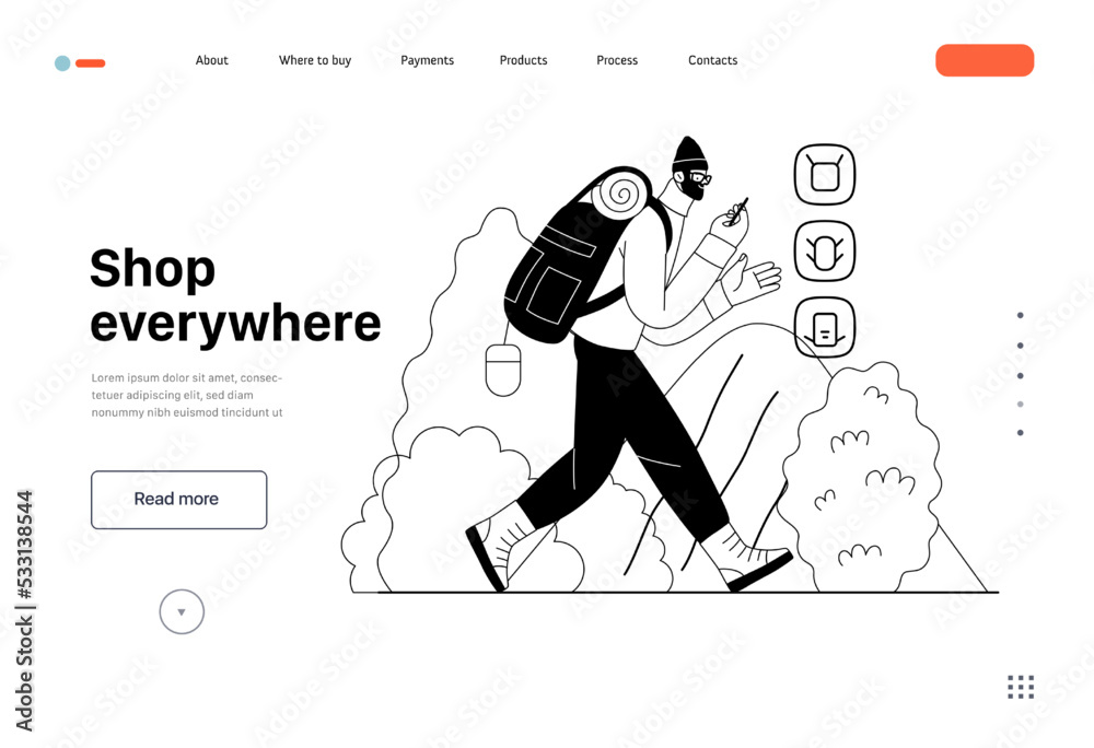 Shop everywhere -electronic commerce web template -modern flat vector concept illustration of man hiking with travel backpack and shopping online. Promotion, discounts, sale and online orders concept