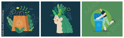 Ecology - Modern flat vector concept illustration on green positive thinking. Waste sorting, Recycling, Green energy, Save the planet, bio farming. Creative landing web page illustrations set