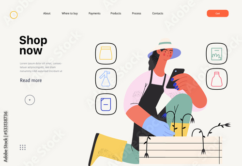 Shop now - Online shopping and electronic commerce web template - modern flat vector concept illustration of a woman gardening and shopping online. Promotion, discounts, sale and online orders concept