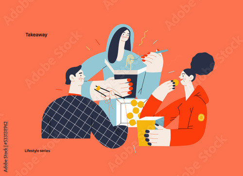 Lifestyle series - Takeaway - modern flat vector illustration of a group of friends eating takeaway food from boxes sitting at home. People activities concept