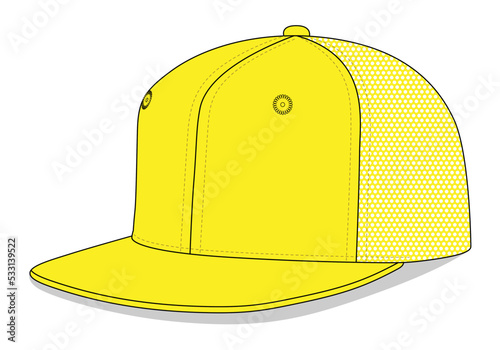 Yellow Hip Hop Cap With Mesh Four Panel Back Template On White Background, Vector File