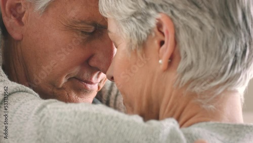 Elderly couple hug intimate love connection, calm retirement together and senior woman care with wrinkle skin. Old man emotional, marriage commitment and closeup face of people on wedding anniversary photo