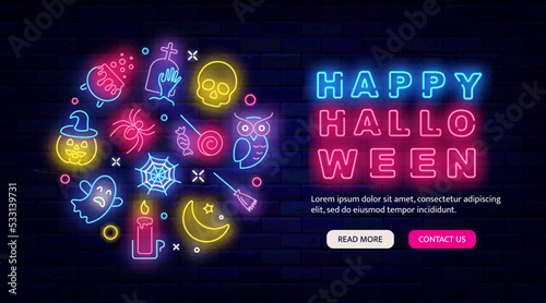 Happy Halloween neon flyer promotion. Website landing page. Season sale banner. Vector stock illustration