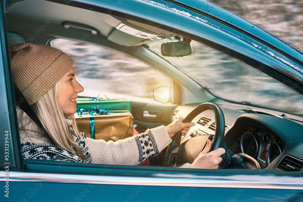Naklejka premium Woman Giving Gifts. Female is holding presents and delivering them on her car to Home. Holidays concept. Driving car in Christmas Eve. People In A Snow-Covered Forest. Sunny Cold Winter Day.