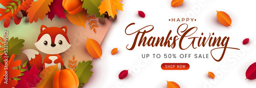 Happy thanksgiving Sale Background with autumn leaves, pumpkins and Squirrel.
