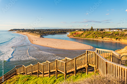 Photography South Port beach stairs viewed towards Onkaparinga River, South Australia