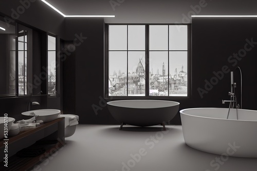Front view on dark bathroom interior with bathtub