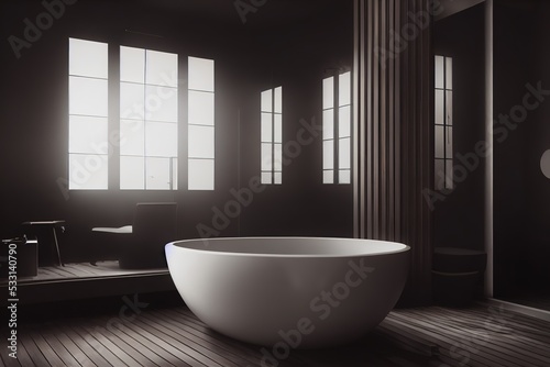 Front view on dark bathroom interior with bathtub