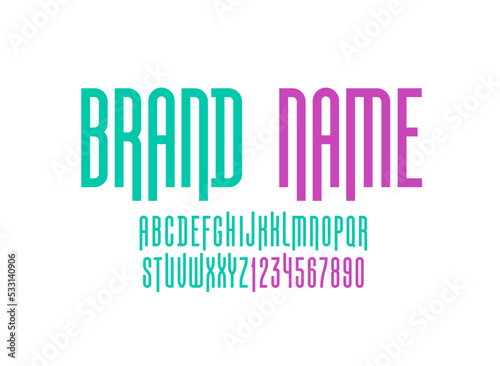 Condensed font, narrow alphabet, modern letters and numbers, for your designs: logo, movie banner, cinema poster, header, title, vector illustration 10EPS