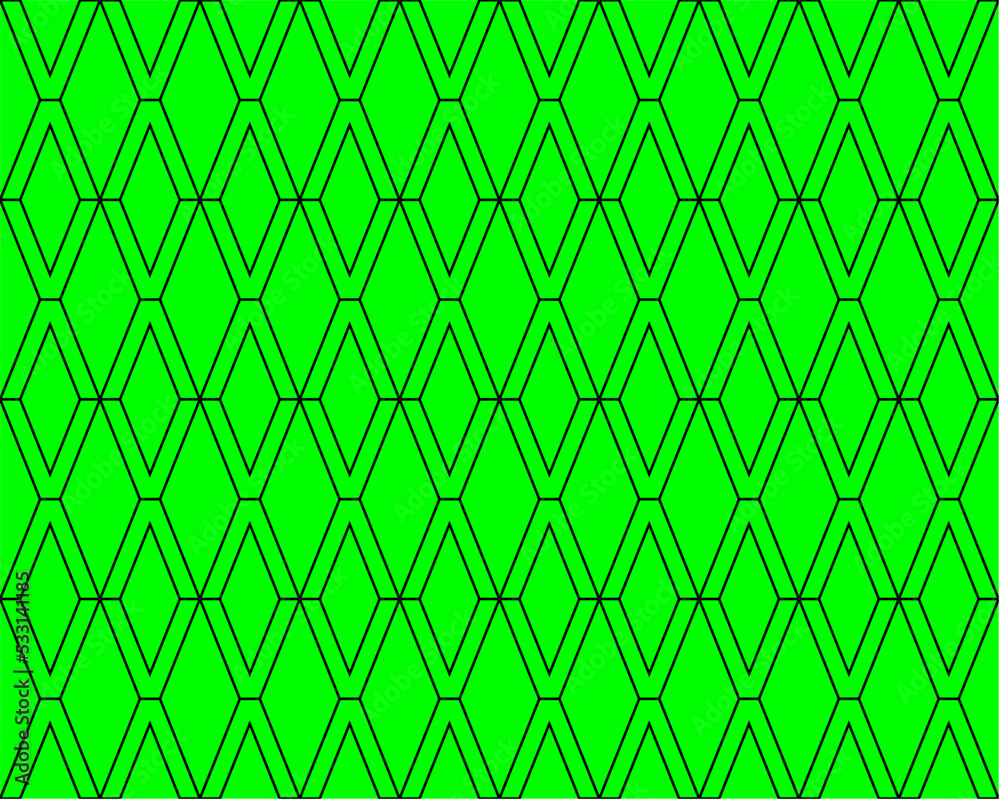 Fototapeta premium V letter repeating pattern isolated on lime green background vector. Rhombus, thin diagonal lines, wall ceramic tiles seamless pattern.