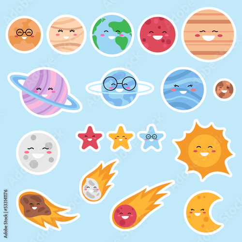 Cute cosmic stickers isolated on blue background. Kawaii planets, asteroids, comet, stars, sun and moon. Vector illustration for children.