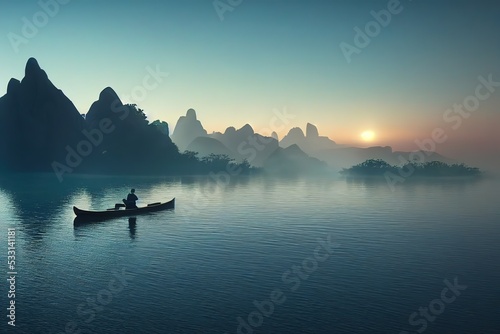 Man with canoe on the lake
