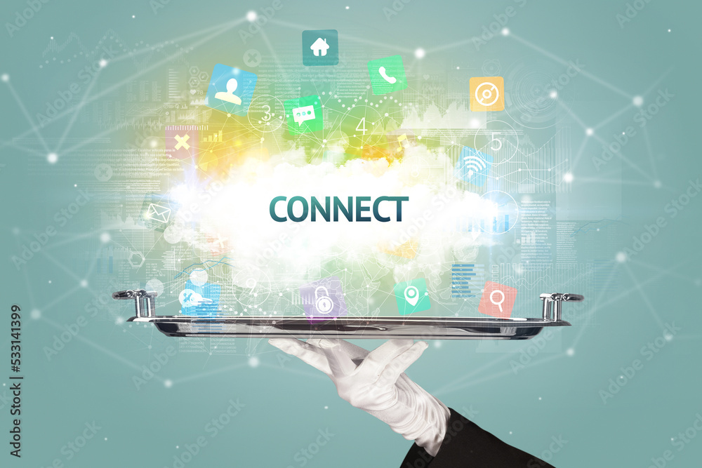 Waiter serving social networking concept Waiter serving social networking concept