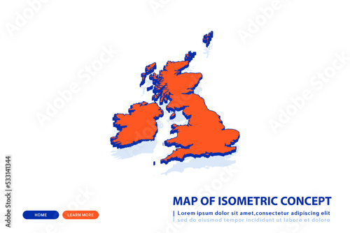 Orange map of United kingdom UK on white background. Vector modern isometric concept greeting Card illustration eps 10.