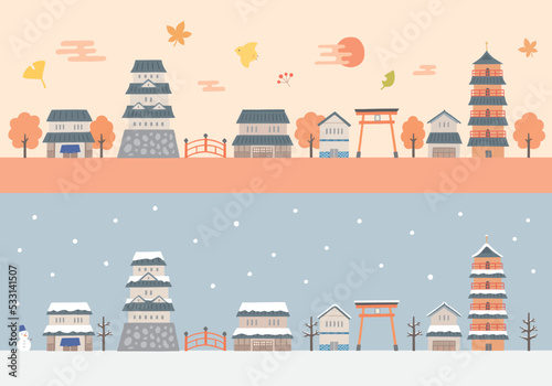 和風の建物手描きイラストセット 秋・冬